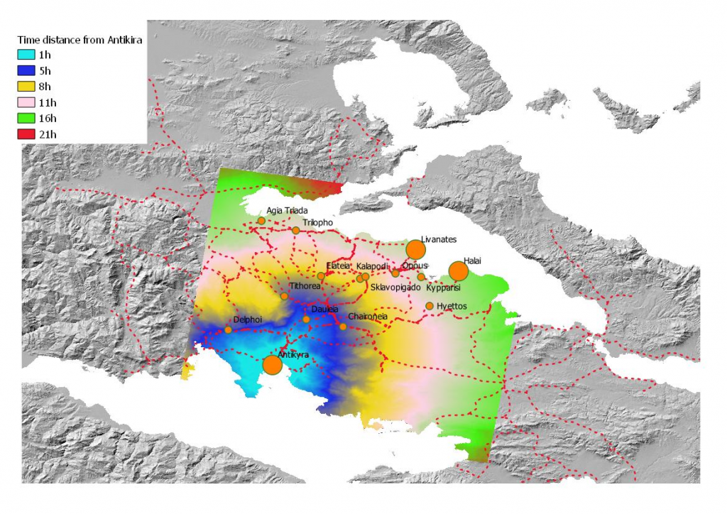 Travel and time distance from the harbour of Antikira